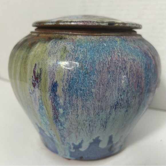 Studio Art Pottery Ginger Jar Urn Canister Lid Signed Blue Purple  Rustic - Picture 3 of 7